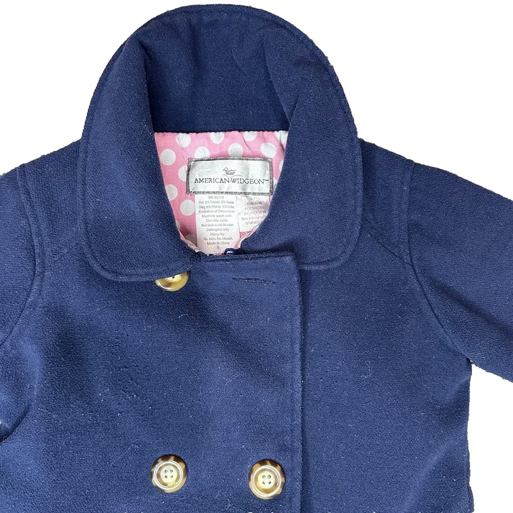 Pea Coat Girls Size 5 Navy Pink‎ Polka Dot Zip Up double Breasted trenchcoat